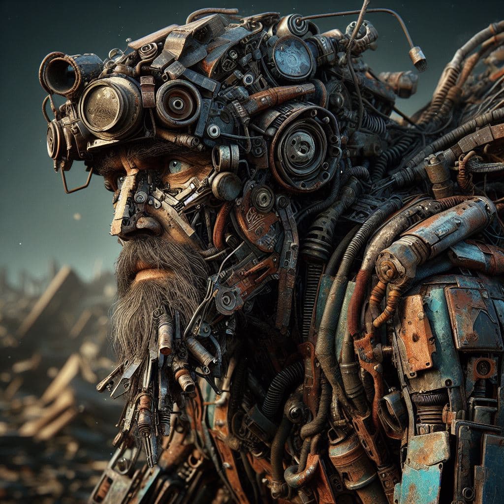 AI generated: In a desolate, post-apocalyptic wasteland, Scrapheap, a resourceful junkbot, constructs marvels from...