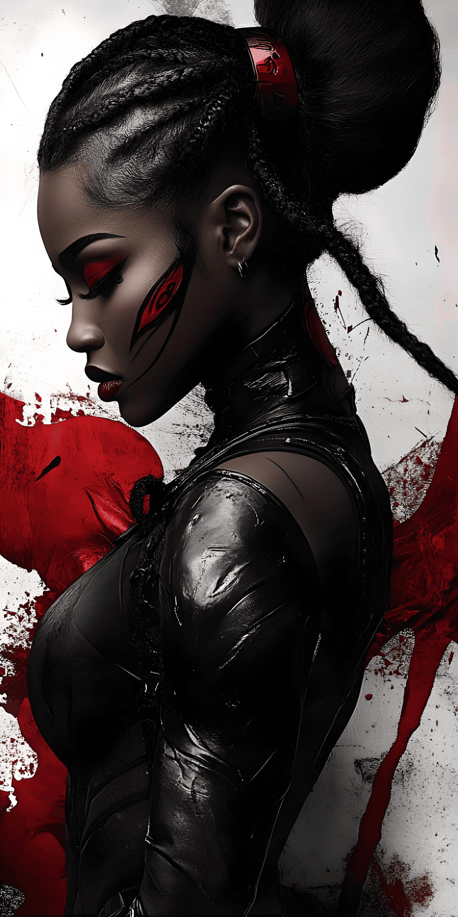AI generated: A Black woman with long braids, red eye makeup, and a leather suit. The background is white with dar...