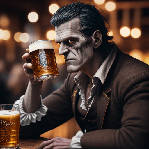 AI generated: Frankenstein, drinking, Octoberfest beerhall, deep color, fantastical, intricate detail, dynamic lig...