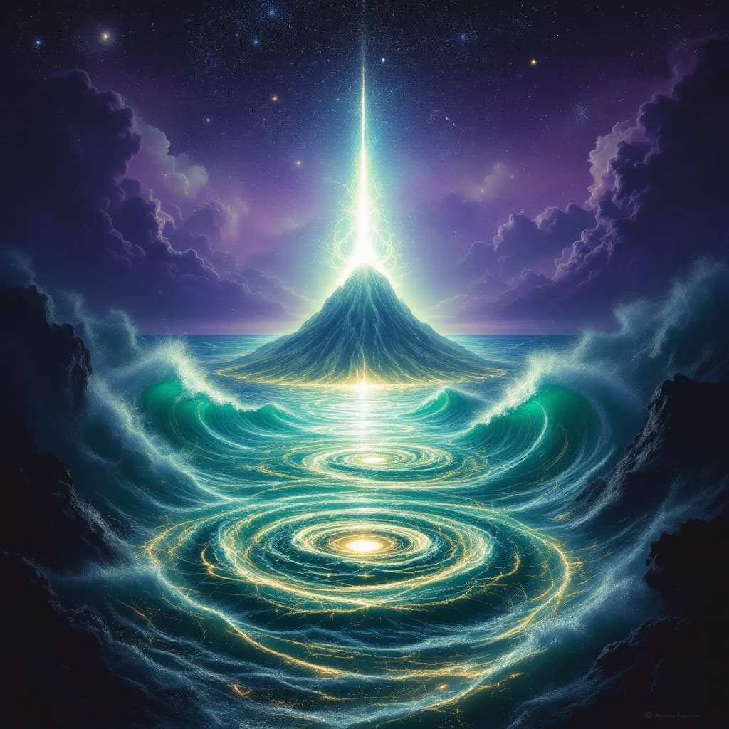 AI generated: The scene takes place on the vast cosmic ocean, with the great Mount Mandara positioned as the churn...
