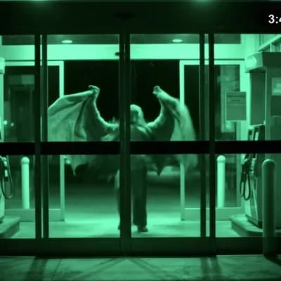 AI generated video: "Gas station security camera, night vision green tint, Mothman struggling with automatic sliding doo...