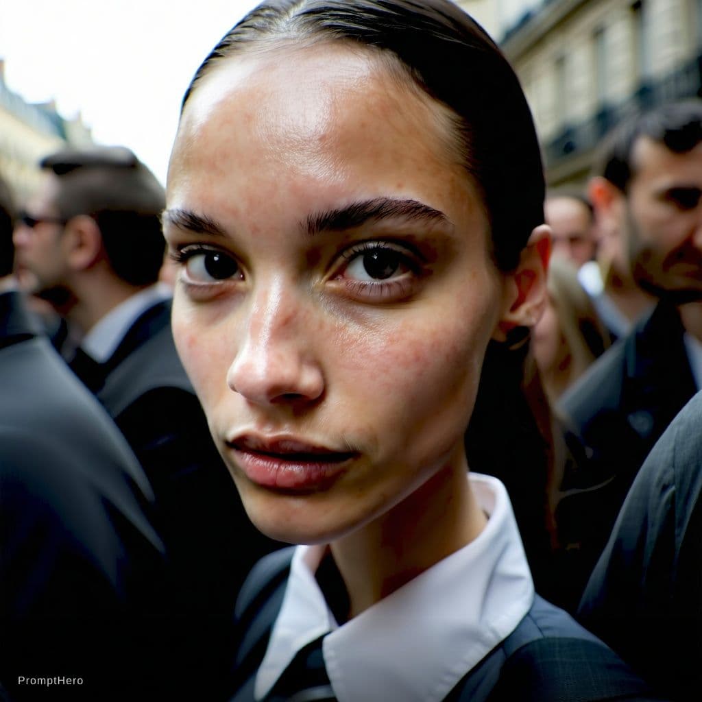 AI generated: Paparazzi-style extreme close-up photo of a woman with striking facial features, caught off-guard wh...