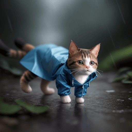 AI generated: tiny cute (happy1.4) cat in a (blue raincoat1.3) in the woods, rain, a character portrait, Tilt-shif...