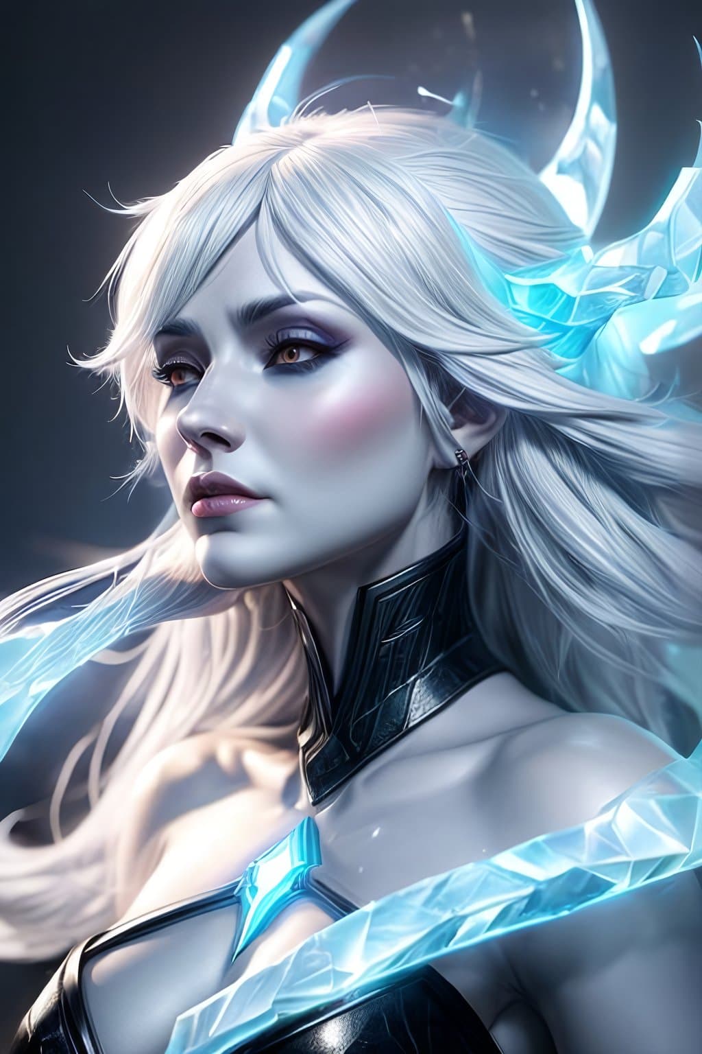 AI generated: Lissandra from Freljord, Blind Ice Witch, League of Legends, Hyper detailed::5 Character Concept Art...