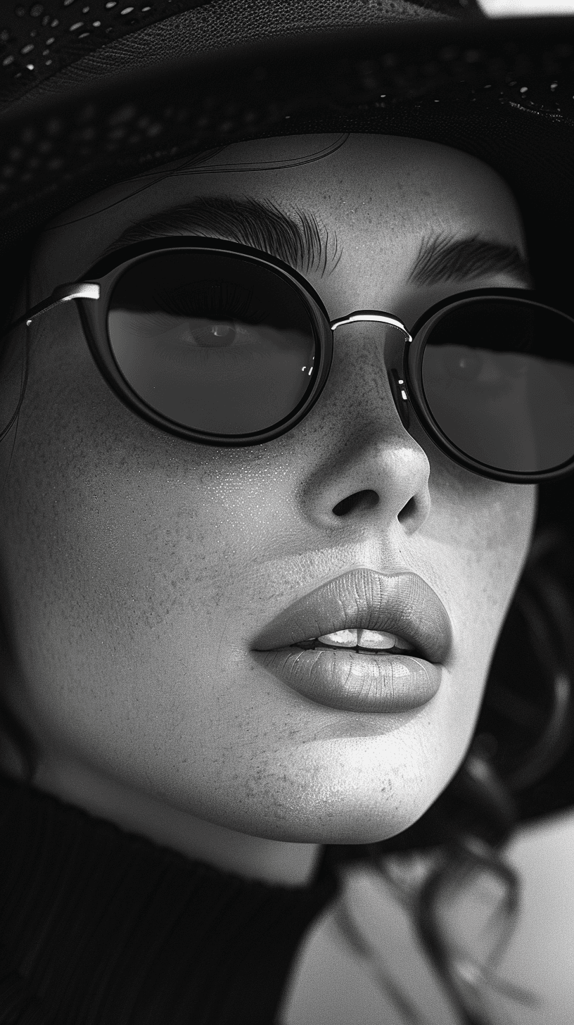AI generated: a woman wearing black sunglasses and a hat, in the style of black and white imagery, vray tracing, t...