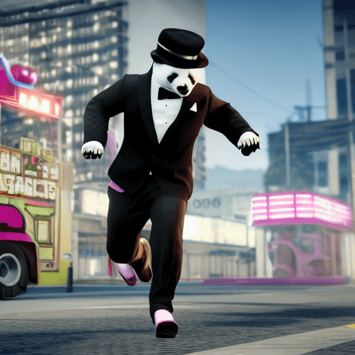 AI generated: in the style of gta v, a black and white panda wearings a black bowler hat a tartan bow tie and pink...