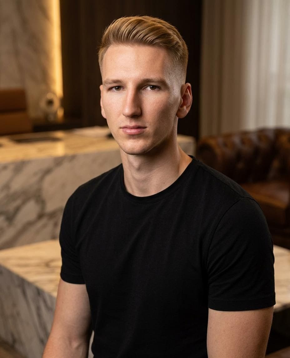 AI generated: Professional portrait of a 25-year-old white American man, golden blonde fade cut, broad shoulders, ...