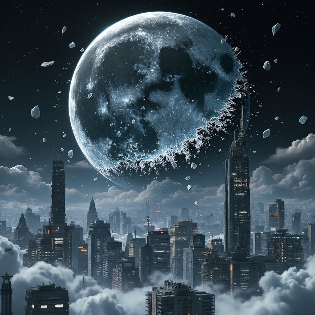 AI generated: sci-fi neo tokyo, in the style of akira, city skyline with part of the moon shattered and pieces of ...