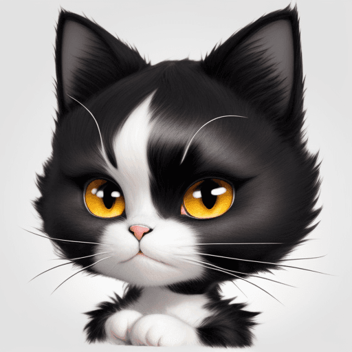 AI generated: Pixar style black and white short hair cat with black fur on the nose, a small black spot of fur und...