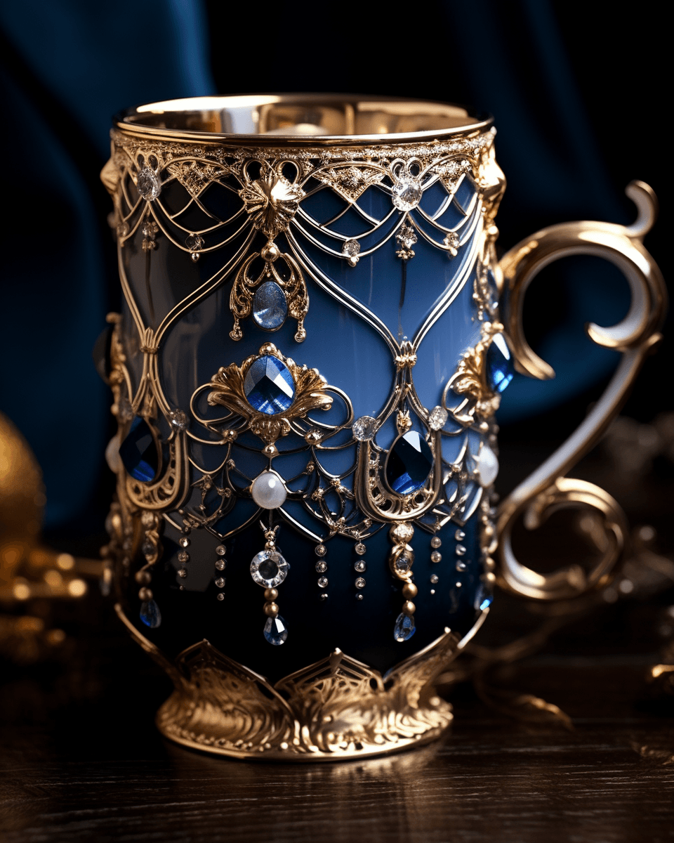 AI generated: An elegant coffee mug in CyberRenaissance style, adorned with intricate porcelain details and rich, ...