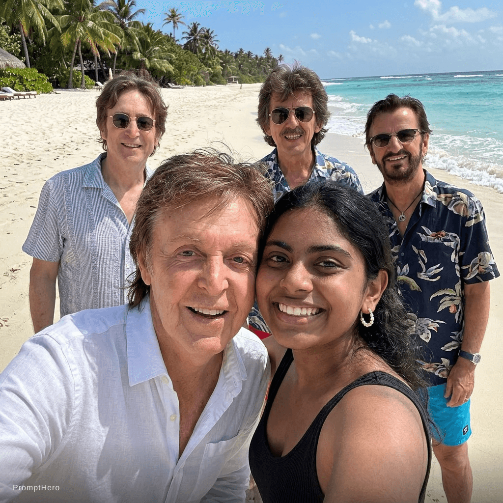 AI generated: with the beatles at a tropical beach, sunny day, both smiling