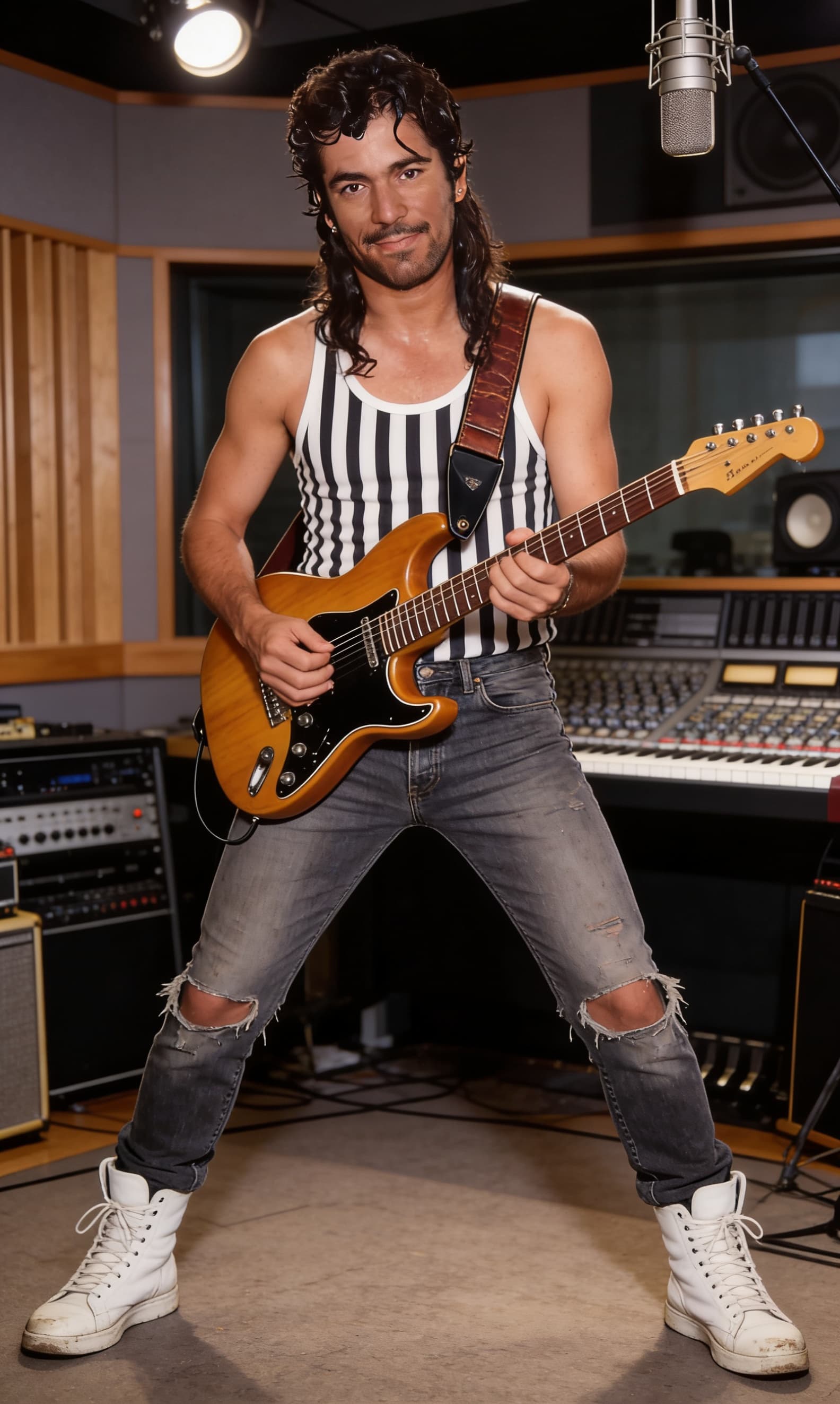 AI generated: A well lit, full body front photo of a gently smiling, 1980's Hard Rock band guitar player, holding ...