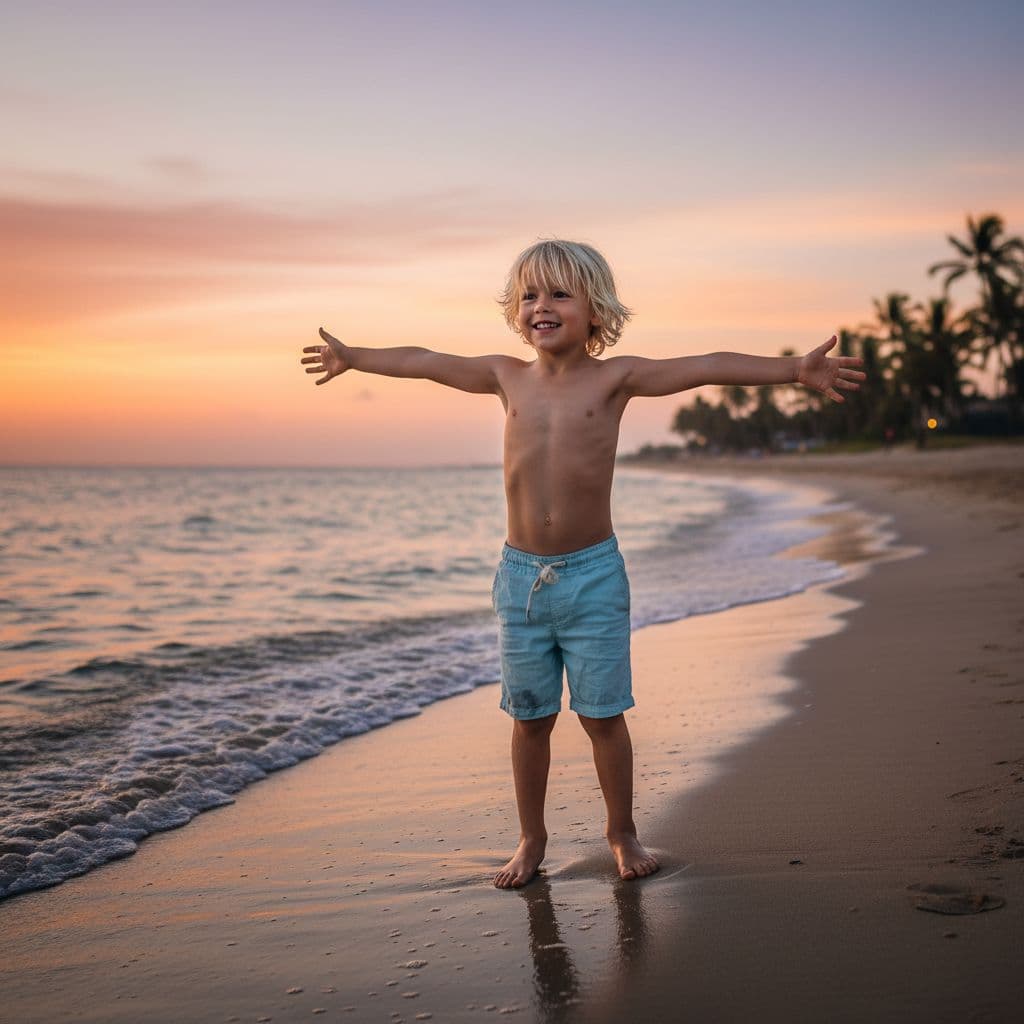 AI generated: Boy kid blond cuerpo completo pies descalzos 