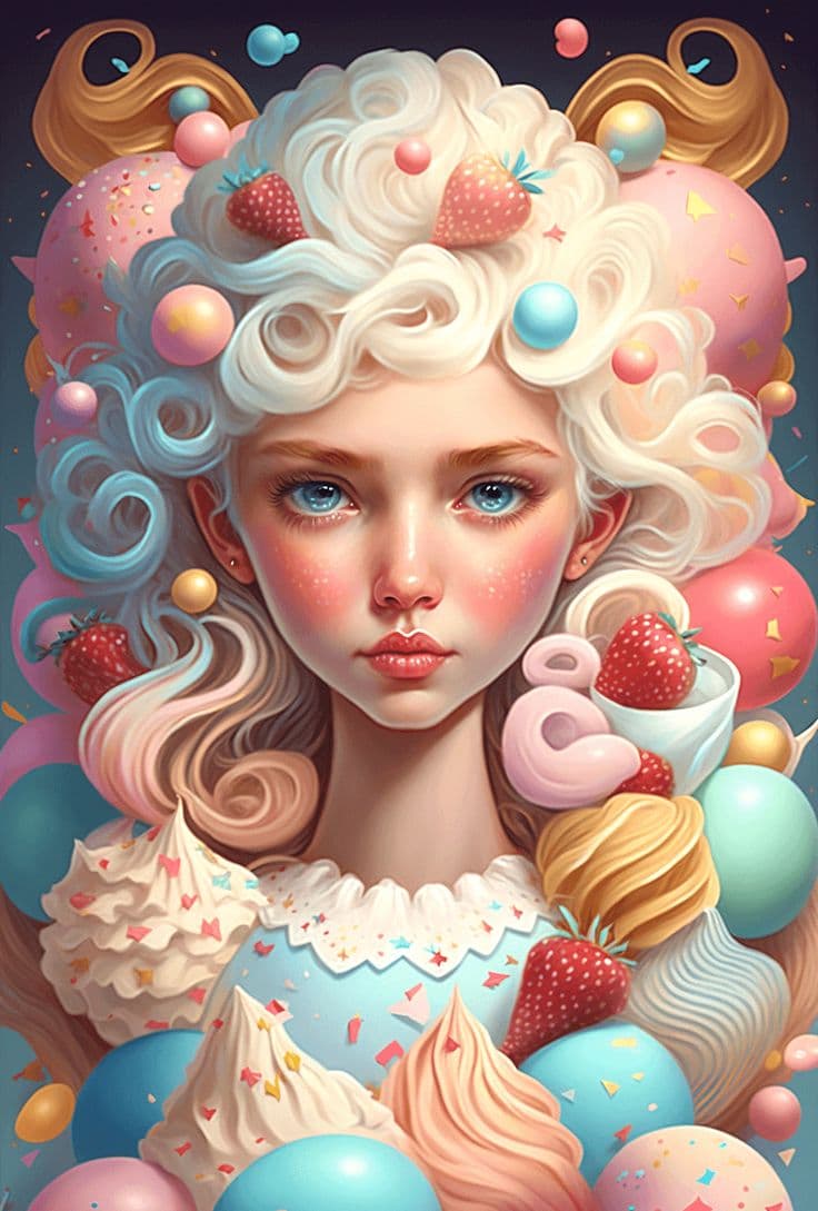 AI generated: uma menina, com olhos claros, em 3d, mundo de doces