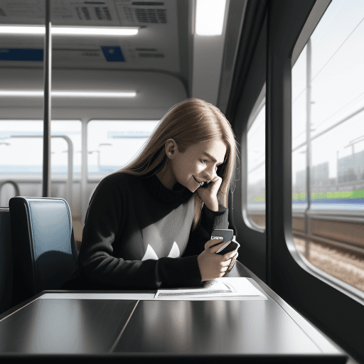 AI generated: Graphic illustration, girl sitting on a high speed train looking at a mobile phone placed horizontal...
