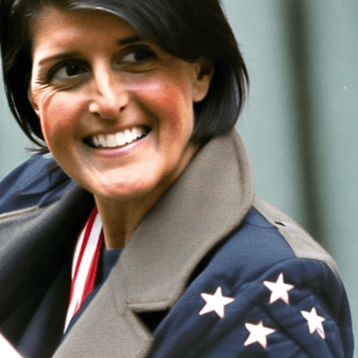 AI generated: nikki haley petting a large eagle. The eagle has a red right wing, a blue left wing, vertical red an...