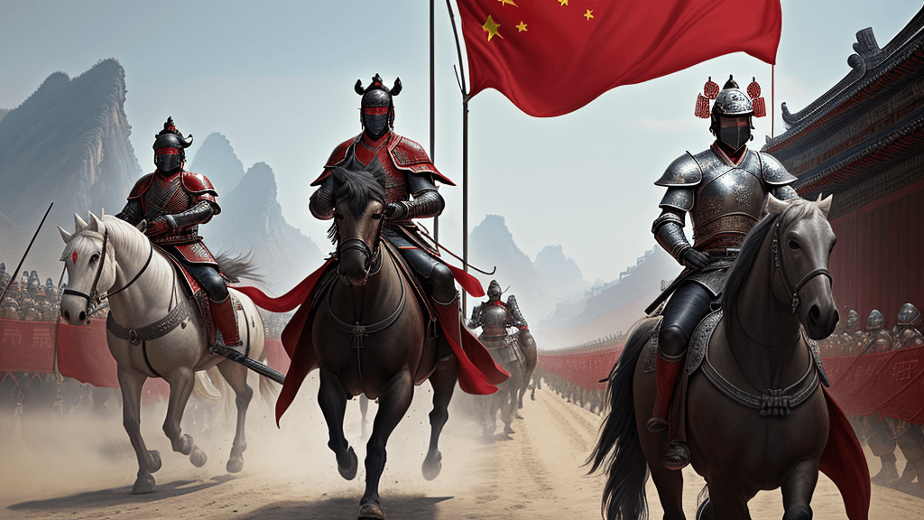 AI generated: Super realistic CG rendering ancient China, in the distance to see the general riding a horse follow...