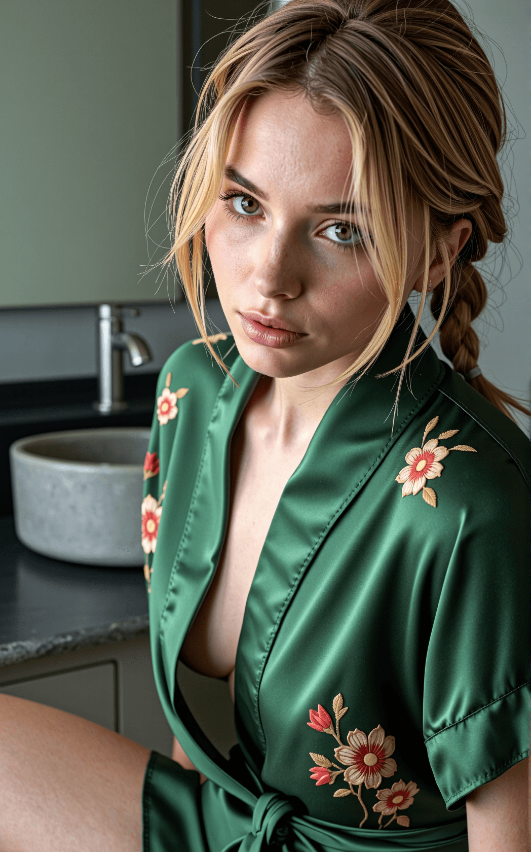 AI generated: Close-up of young female, golden blonde hair braided loosely over one shoulder with wispy flyaways. ...