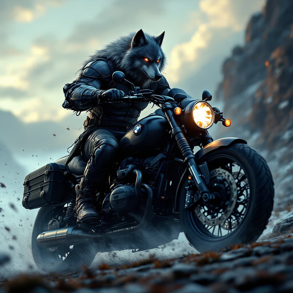 AI generated: anime, a manly muscle wolf ridding a black heavy BMW GS Motorcycle, cover art, dramatic light, pale ...