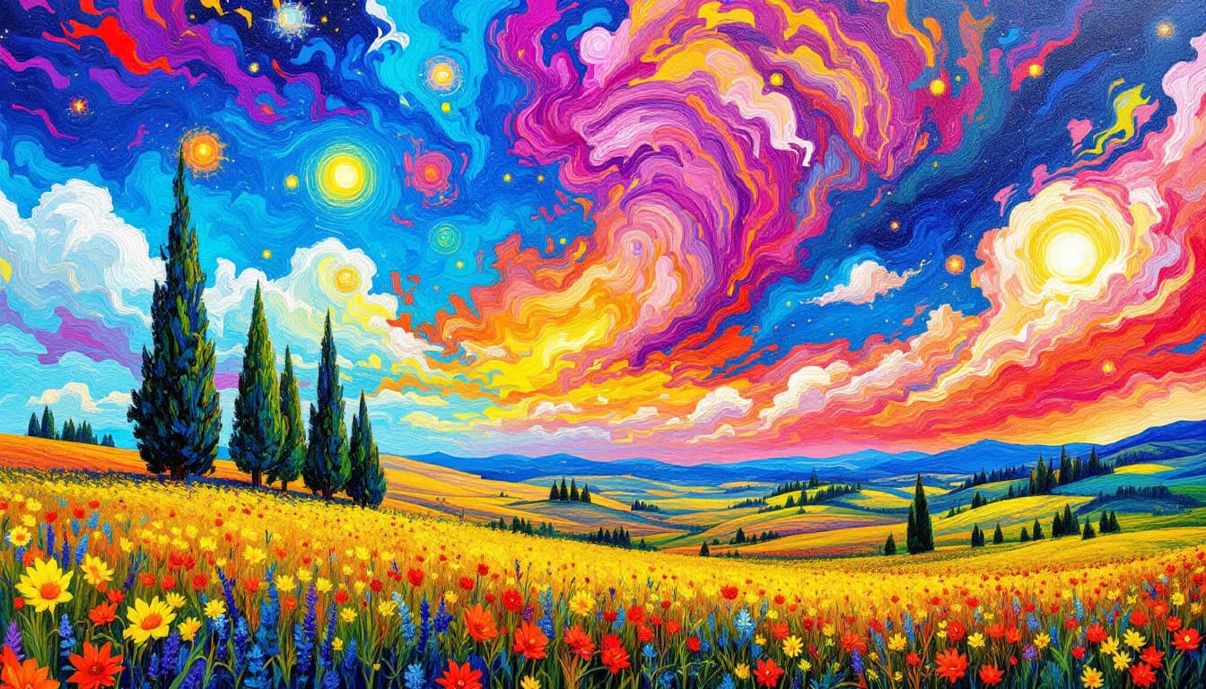 AI generated: A stunning landscape featuring a vivid, supersaturated sky and vibrant scenery.
in style of van gogh