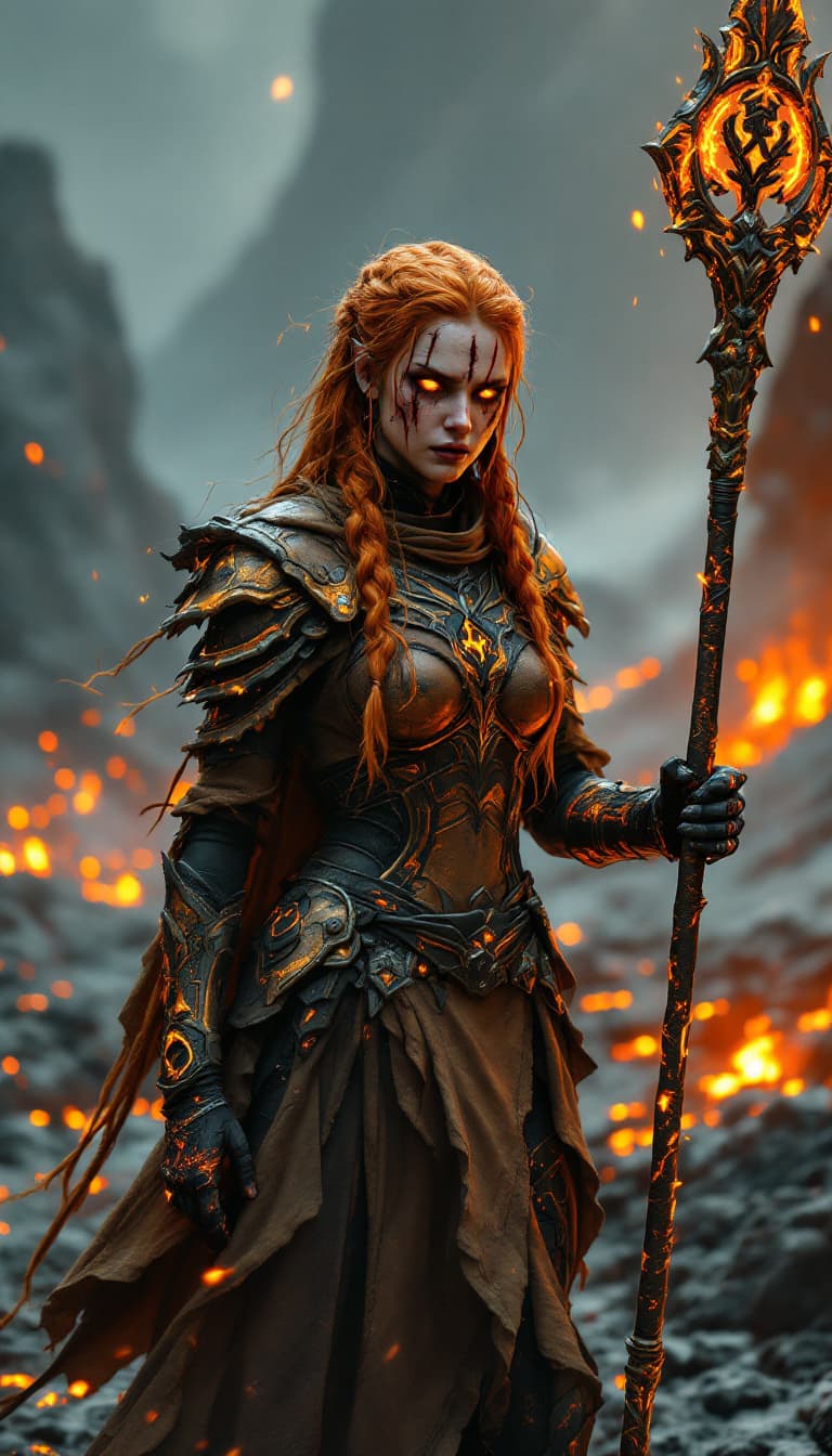 AI generated: A cinematic digital artwork featuring a resilient, female elemental guardian in a resolute yet exhau...