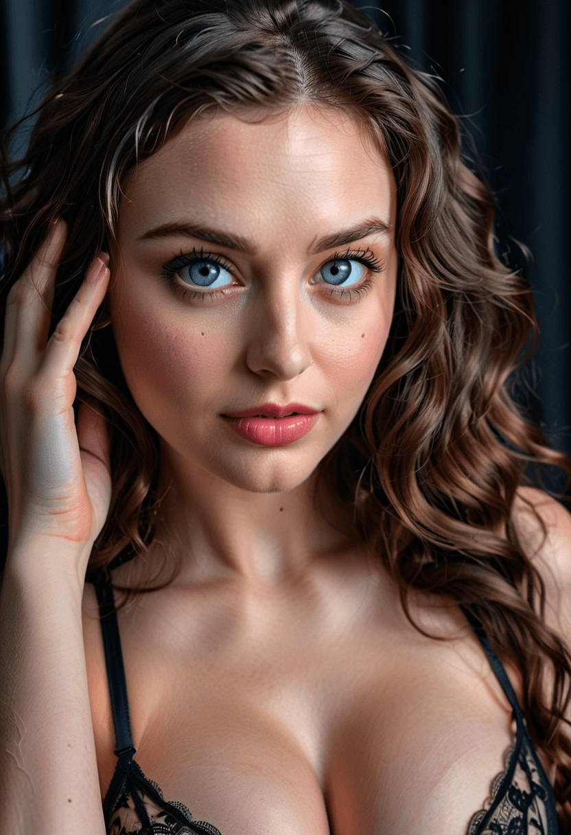 AI generated: close-up photograph of a 25 year old busty woman with long wavy brunette hair, (light-blue eyes:0.7)...