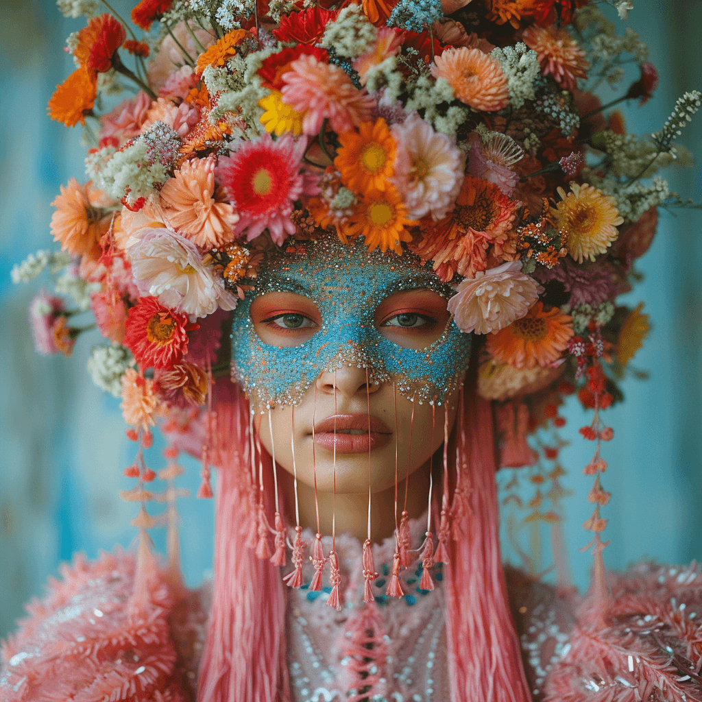 AI generated: portrait photography, a woman in a glamorous makeup, wearing a mask with tassels, in the style of mi...