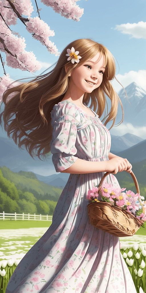 AI generated: Create an image of a girl in a spring park. The girl is wearing a bright, light dress with a floral ...