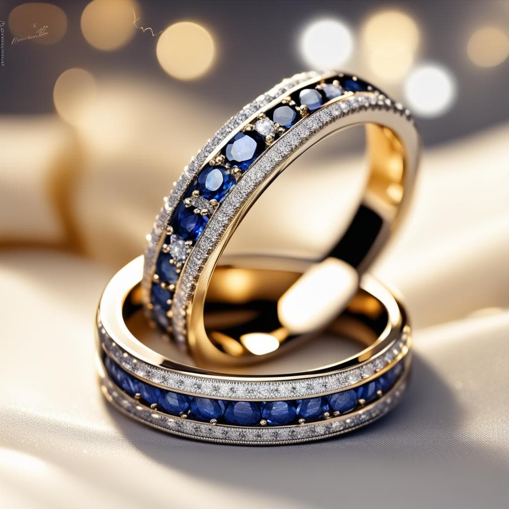 AI generated: a breathtaking set of 2 wedding rings adorned with hundreds of shimmering diamonds and sapphires set...