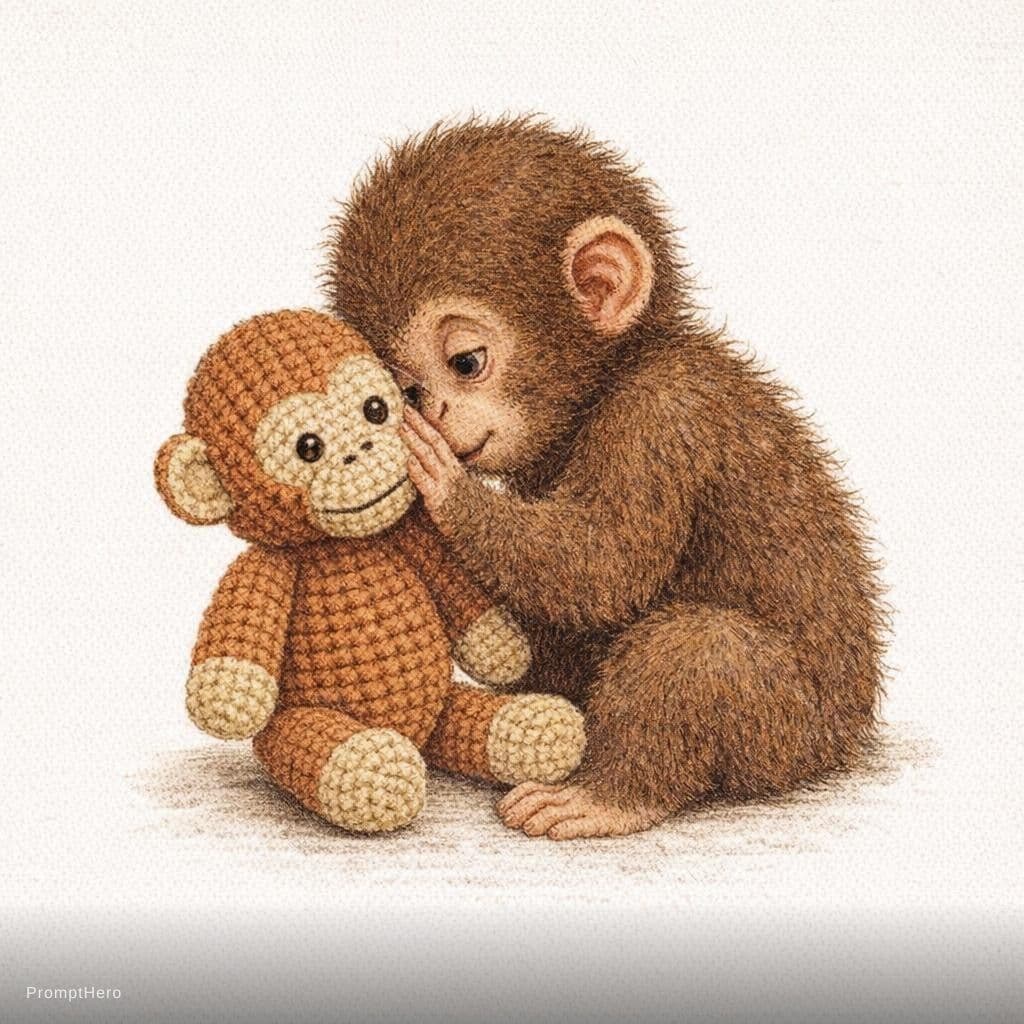 AI generated: vintage children's book illustration, emotional scene, cute baby monkey with fluffy brown fur leanin...