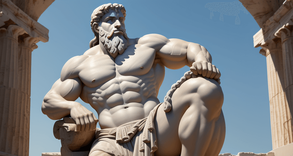AI generated: Create an 8K background featuring a Greek statue embodying stoicism, resembling Hercules with a bear...