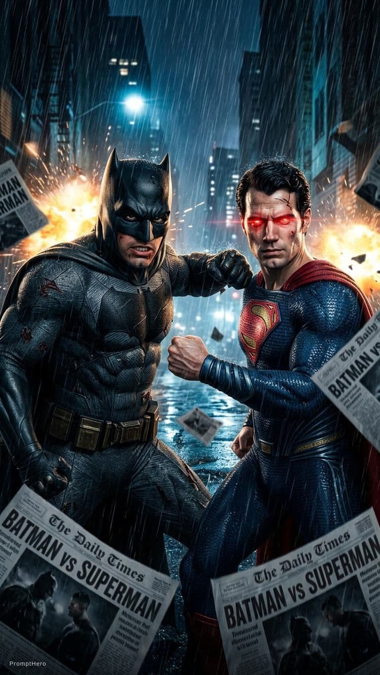 AI generated: Batman & Superman, Epic Fight in the Rain