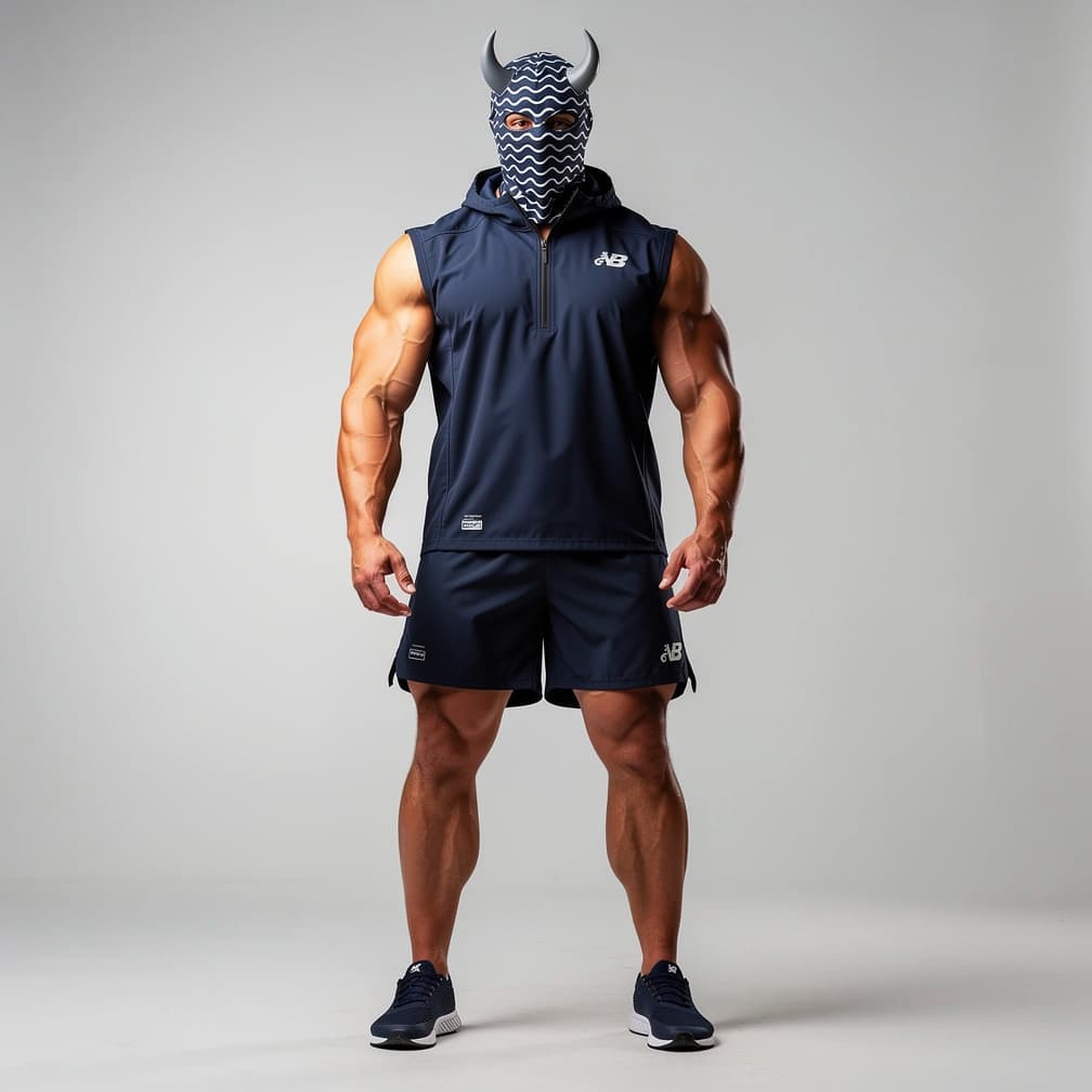 AI generated: A big muscular man wearing navy blue short shorts and a navy blue water proof sleeveless shirt and a...