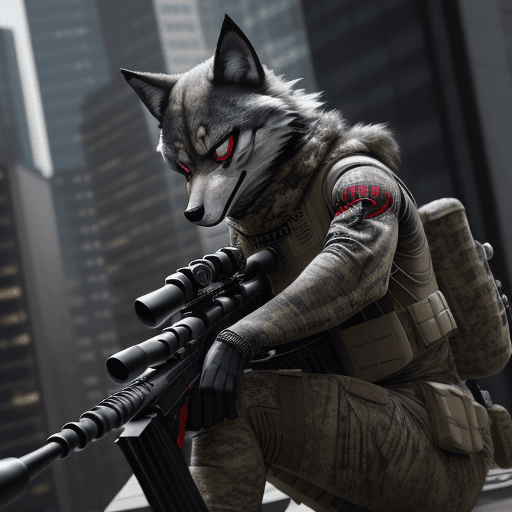 AI generated: Clever Spiderman wolf wearing camouflage and sniper gear, holding a sniper rifle, anthropomorphic, s...