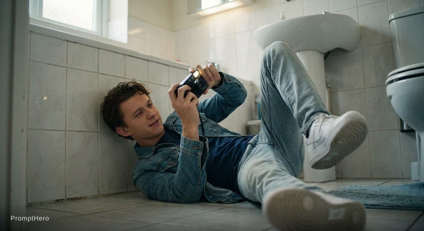 AI generated: Tom Holland,qui se filme, (en train de se laver,il tient la caméra ver le bas,)il montre ses doigts ...
