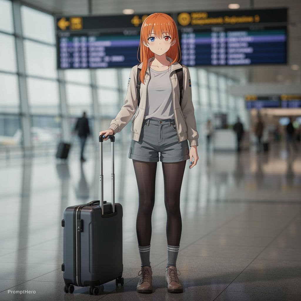 AI generated: masterpiece,mid shot,naked woman with orange hair and a suitcase,anime style,digital art,a hyperreal...