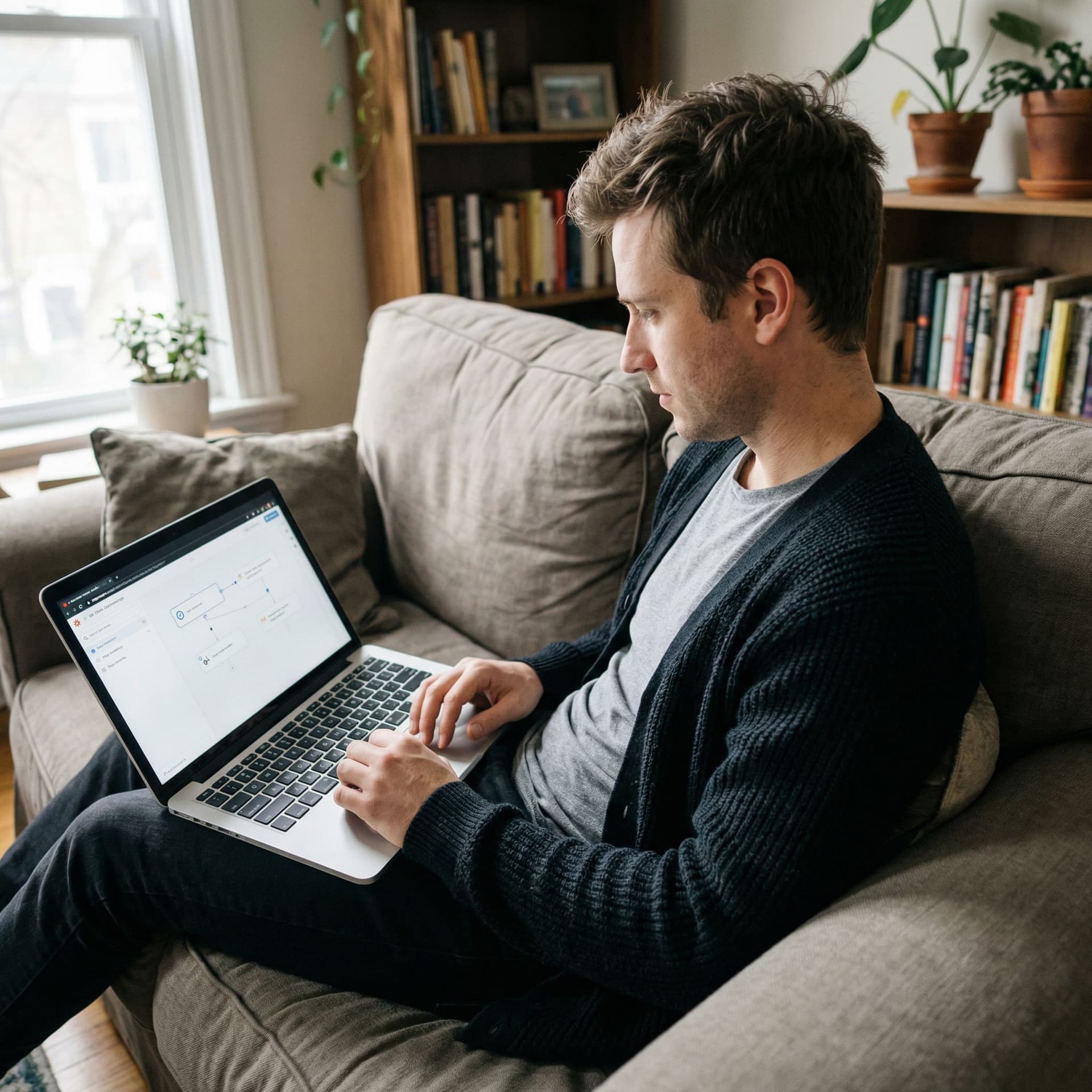 AI generated: Realistic iPhone-style photo of a North American man in his early 30s sitting casually on a sofa in ...