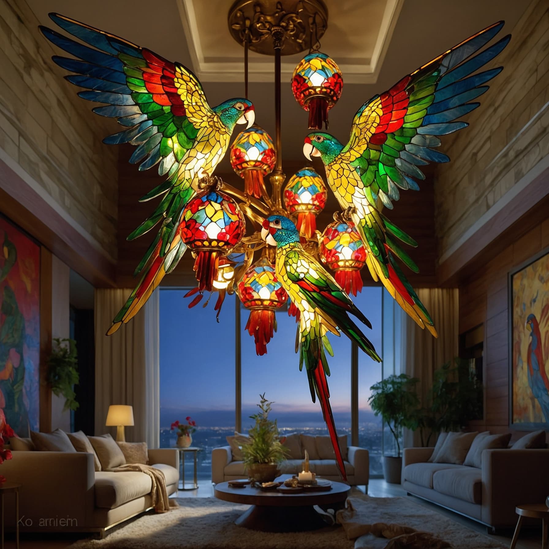 AI generated: A richly detailed stained chandelier featuring vibrant parrot ornaments, softly illuminated to highl...