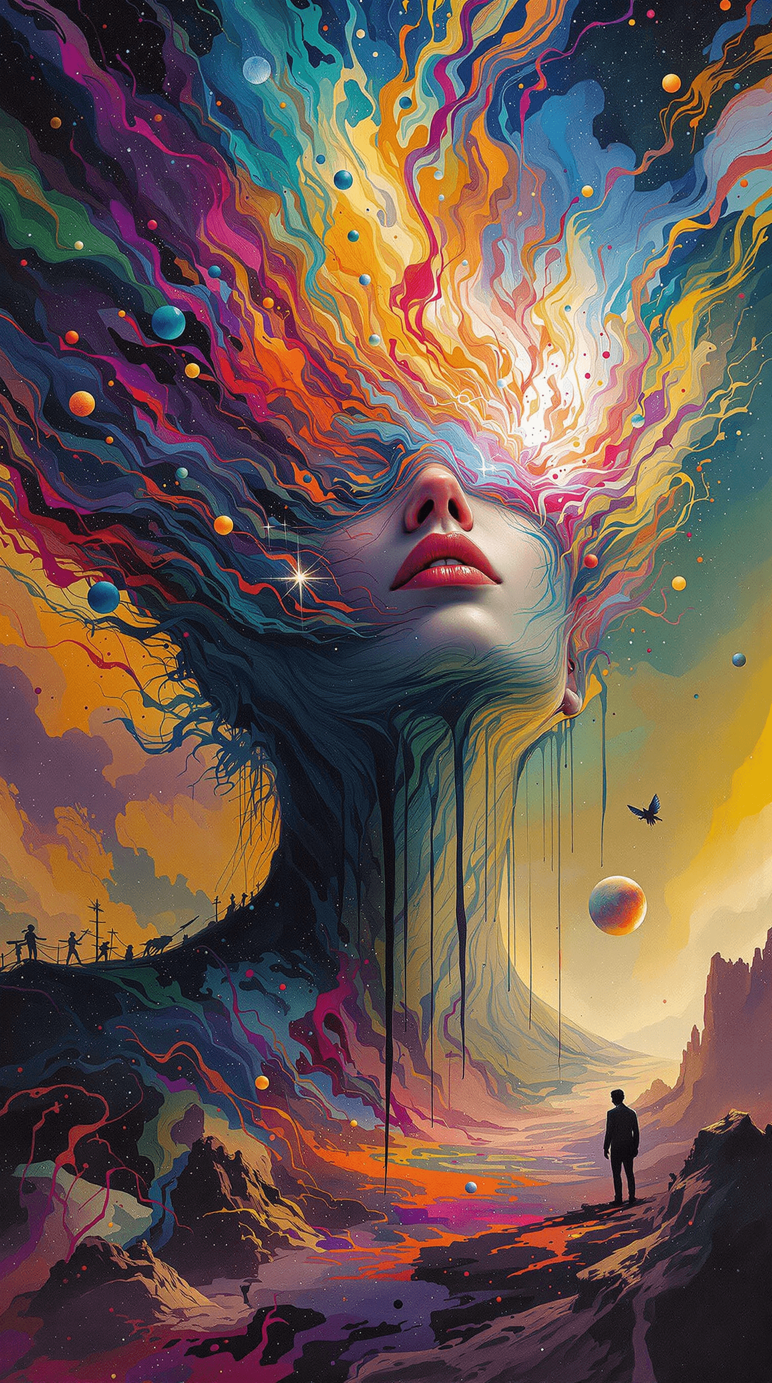 AI generated: a surreal picture with a woman's head in it, in the style of swirling colors, aleksi briclot, cosmic...