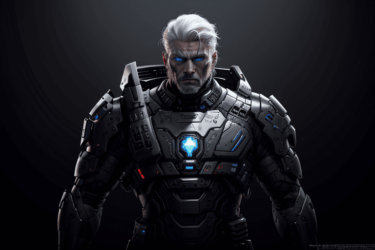 AI generated: a handsome white-haired emperor, future themed, ((wearing black formal clothes, black mechanical out...