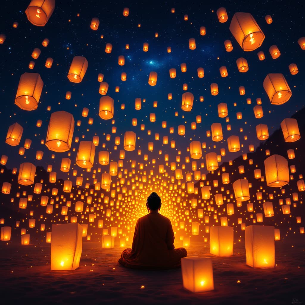 AI generated: The sky is like the light lanterns of countless Buddhas. The light lanterns are contained in a box w...