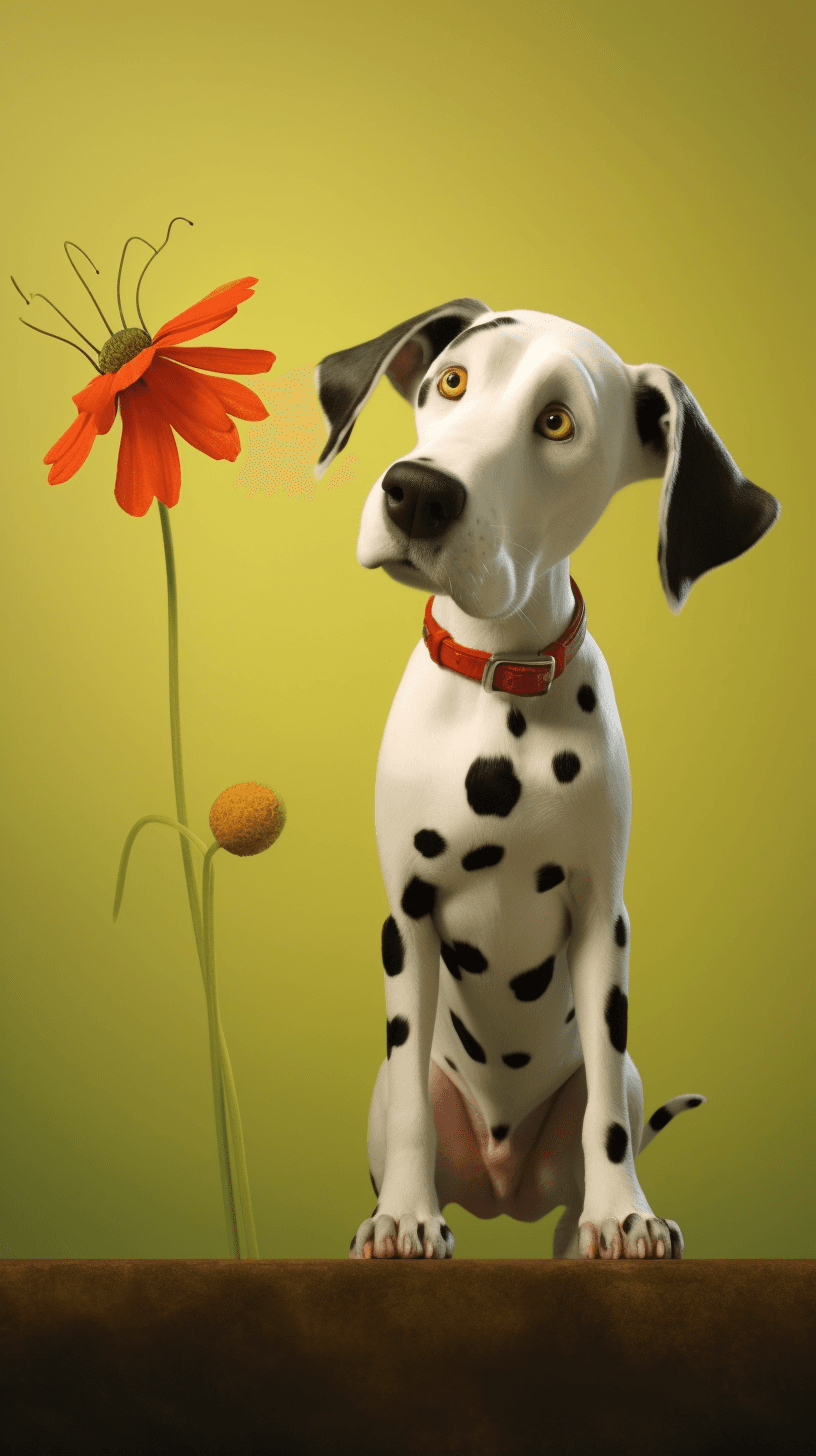 AI generated: A curious Dalmatian sniffing a flower with a friendly ladybug, in the style of Film Art, whimsical a...
