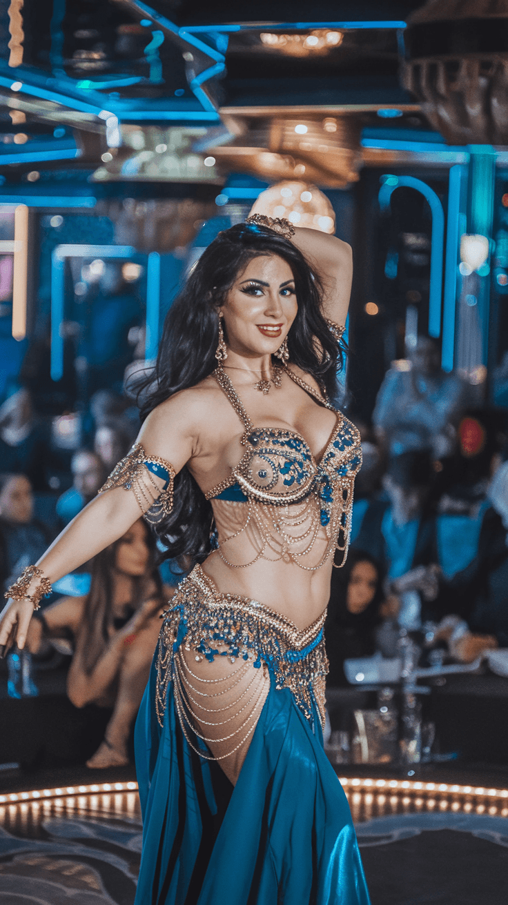 AI generated: A breathtaking curvy Arabian belly dancer with long, flowing dark hair and captivating hazel eyes, w...
