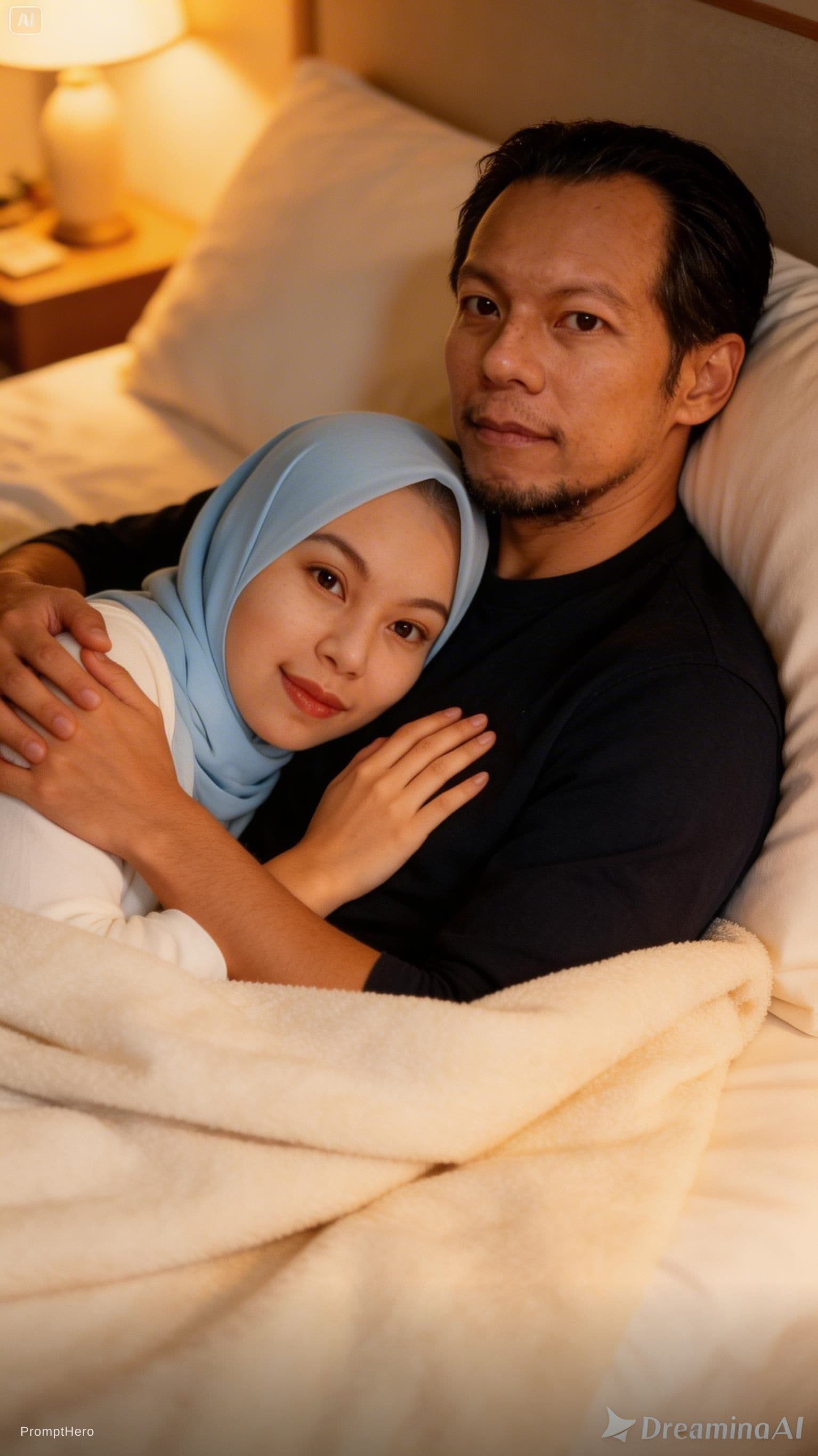 AI generated: An intimate boudoir scene shows an adult couple relaxing on a bed, covering themselves partly with a...
