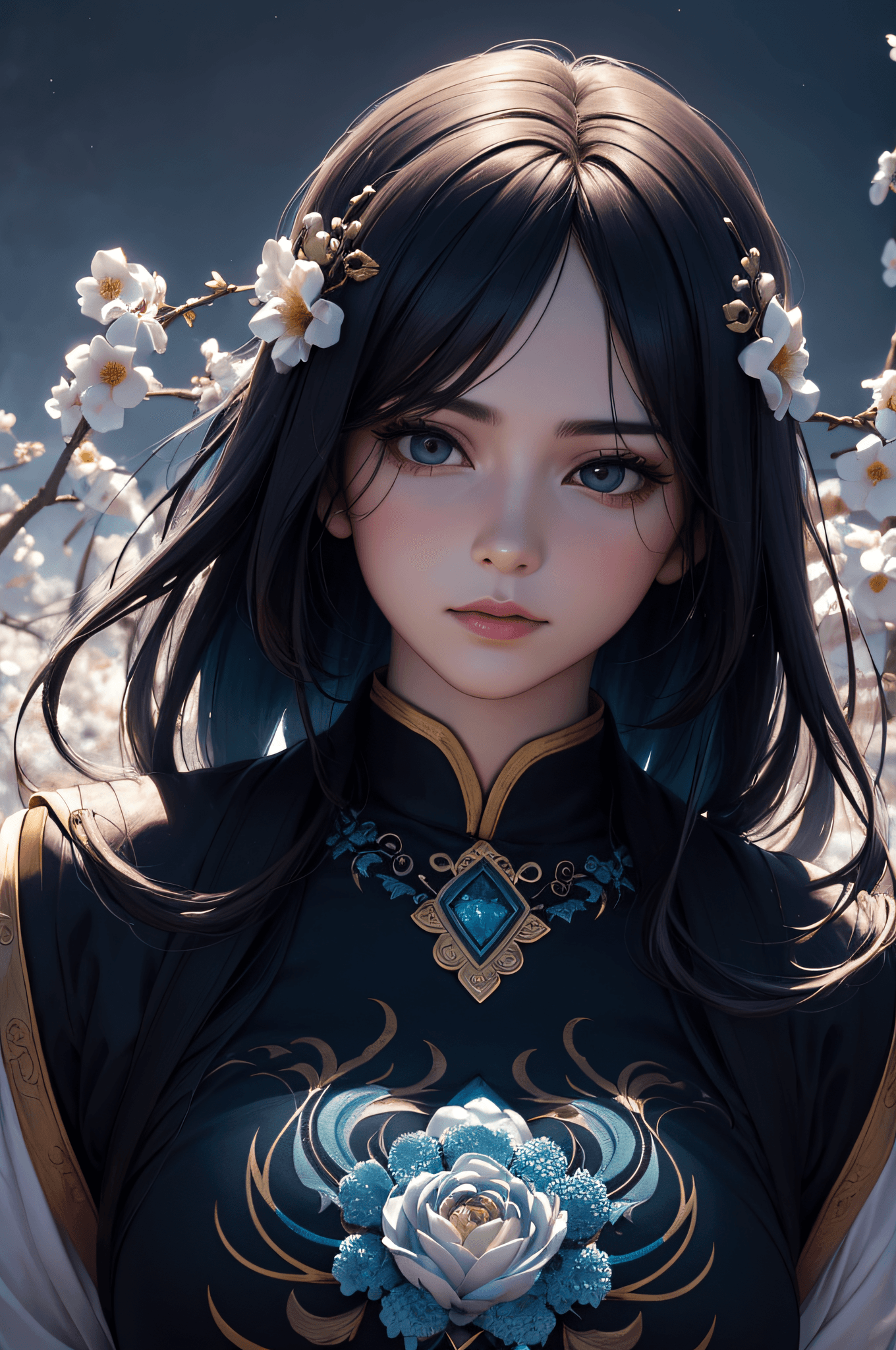 AI generated: zhongfenghua, 1girl, (full body) solo, hanfu, flower field, blossom, (white smokes:1.3) (photorealis...