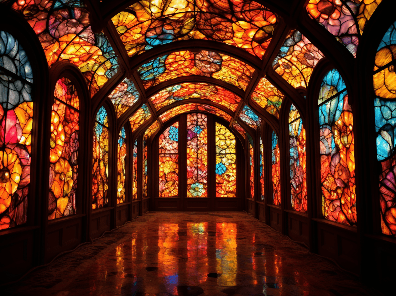 AI generated: stained glass art, a kaleidoscope of colorful lights shining through small colored fruit slices and ...