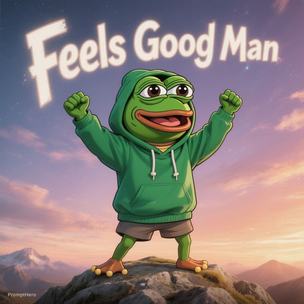 AI generated: Make me an an album cover of a cute anime pepe_frog in a green hoodie smiling standing on top of the...