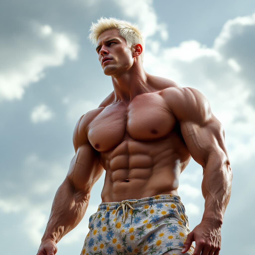 AI generated: high-resolution photo muscular man, platinum blonde hair, wearing  daisy duke shorts, cloudy outdoor...