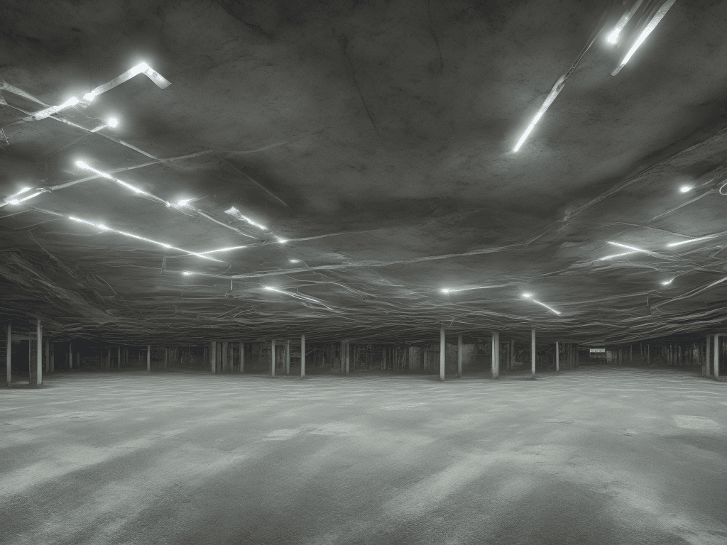 AI generated: Photo of a ultra realistic, endless underground parking lot, 4K, horror, cinema lightning