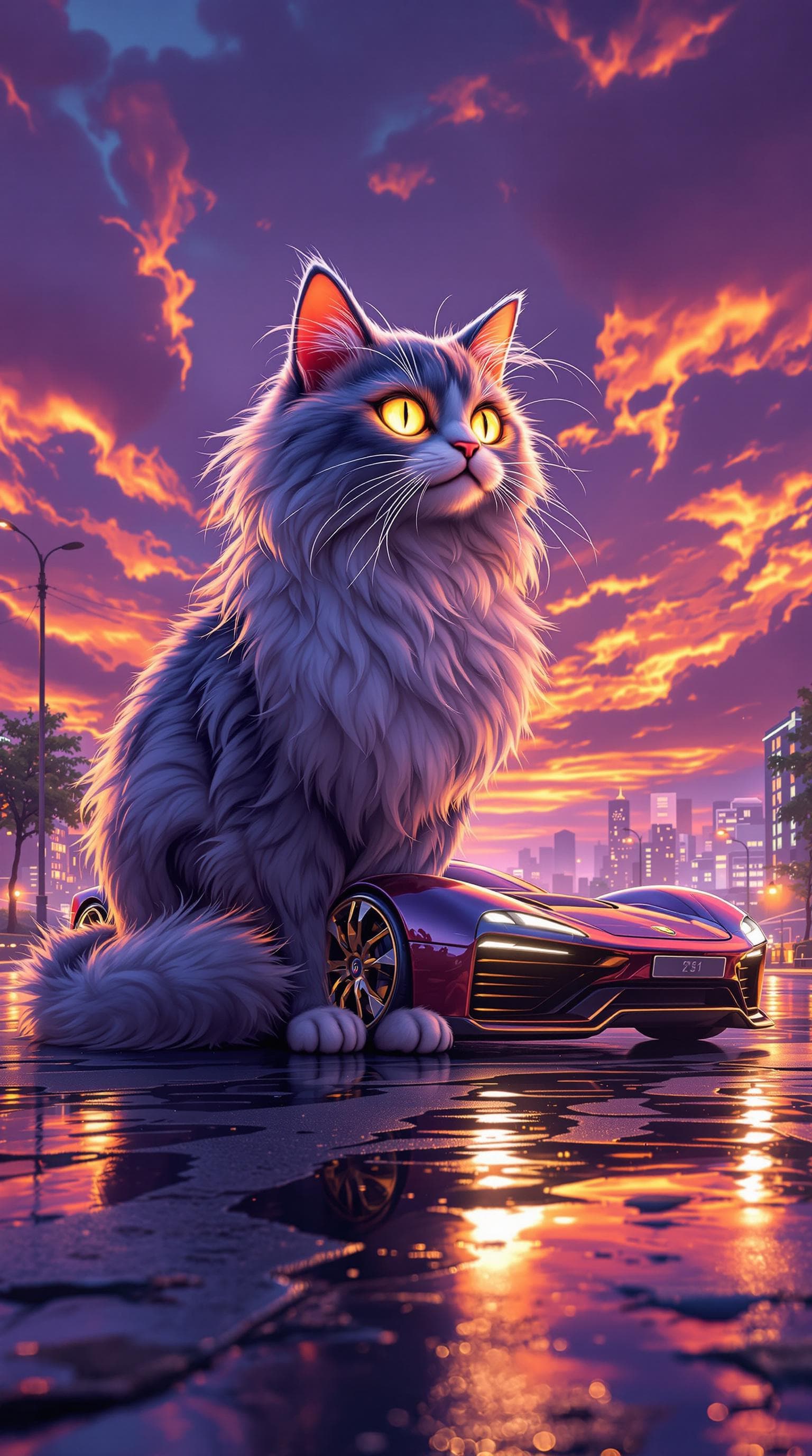 AI generated: A unique hybrid creature merging the elegance of an Angora cat with the sleek design of a Porsche 91...